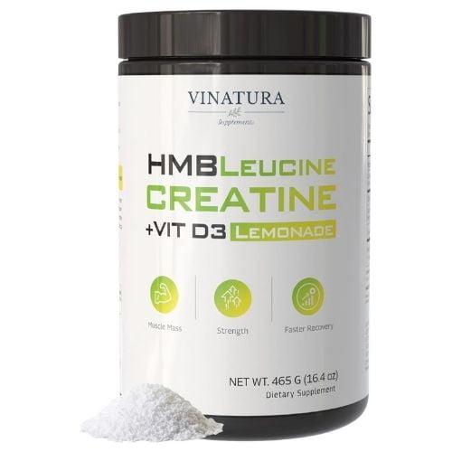 VINATURA HMB Creatine Leucine Powder - 5g Creatine Monohydrate, 3g HMB Supplement, 3g L-Leucine - Vitamin D3, Vegan Lemonade Flavor, Muscle & Strength Support - 30 Servings