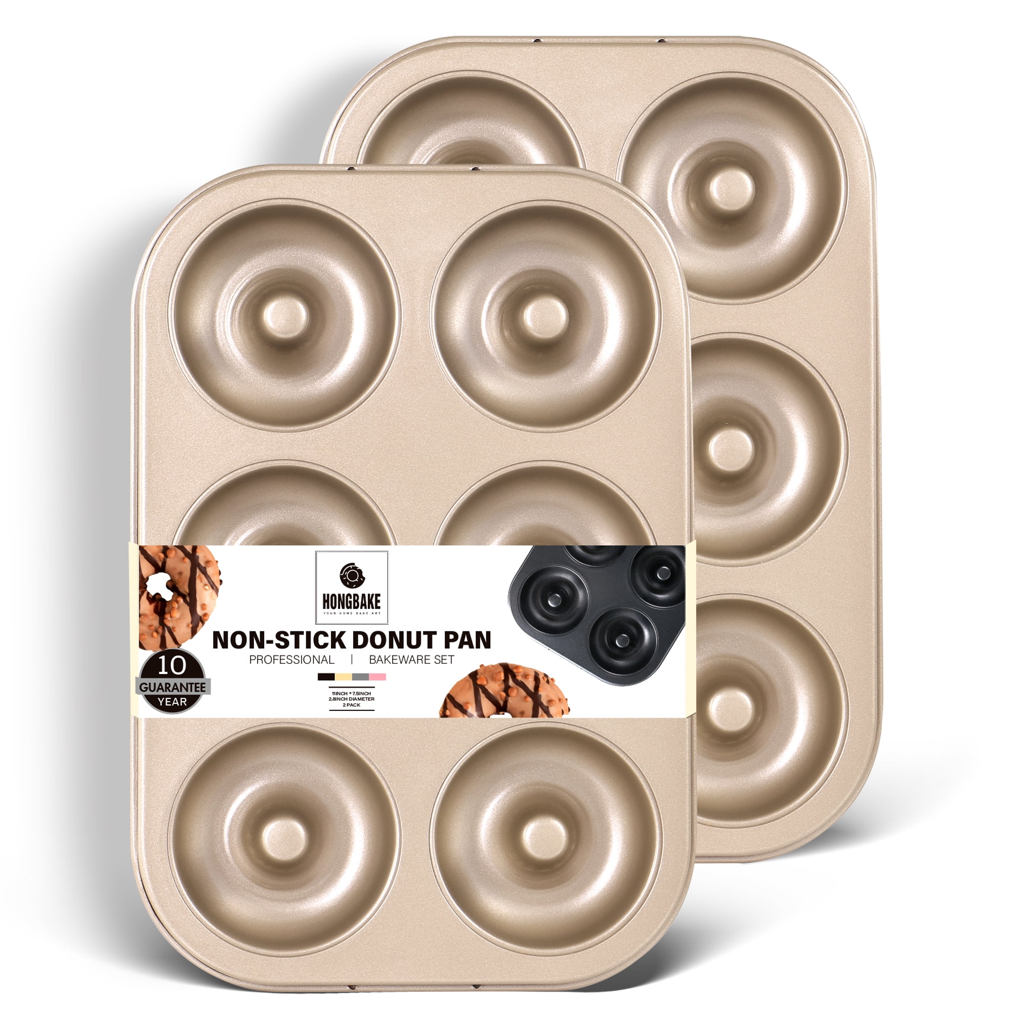 HONGBAKE Nonstick Donut Pans For Baked Doughnuts, 2-Pack 6 Cavity Upgraded Deepened Doughnut Pan, Heavy Duty Mini Bagel Pan for Oven - Bronze Gold