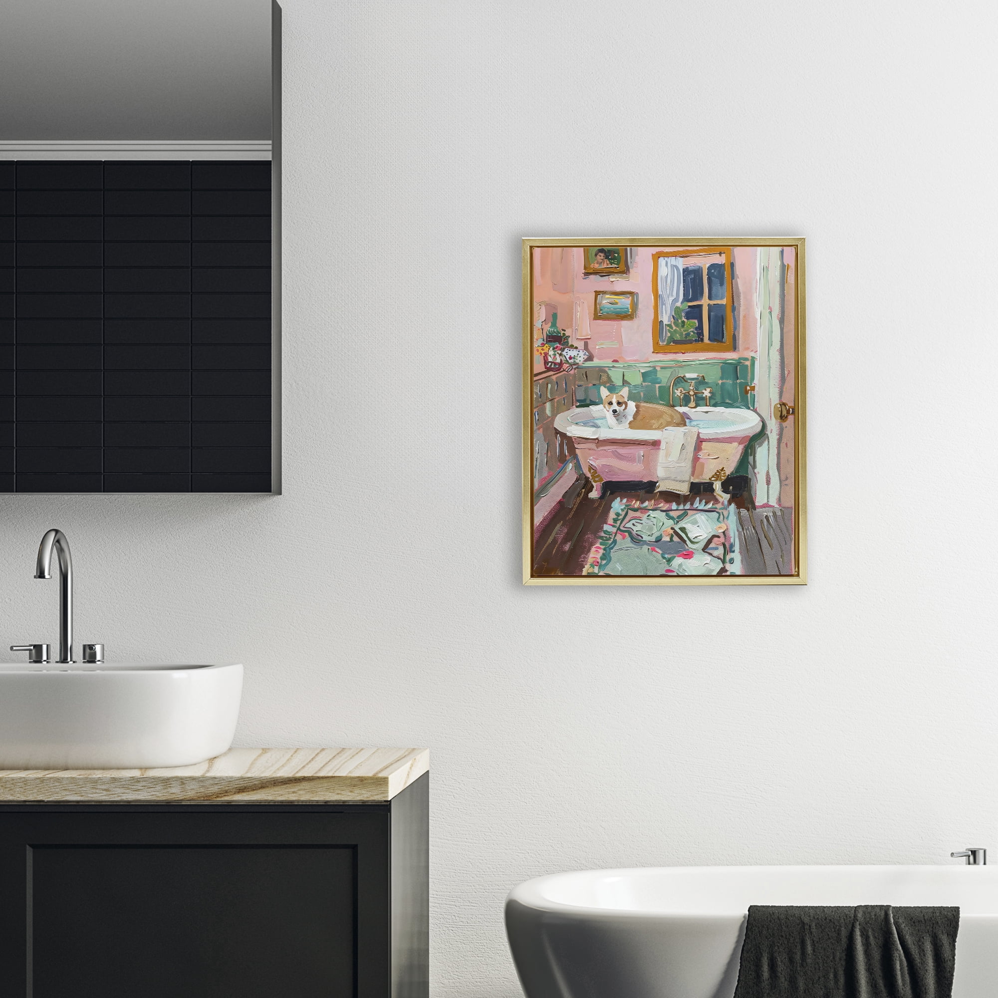 Stupell Industries Corgi in Pastel Tub Gold Framed Floater Canvas Wall Art, design by The Prints Vibe