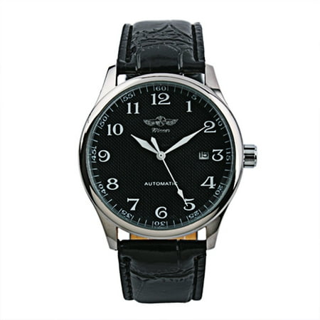 - Black Dial Automatic Mens Watch Date Display Leather Pin Buckle Self-winding