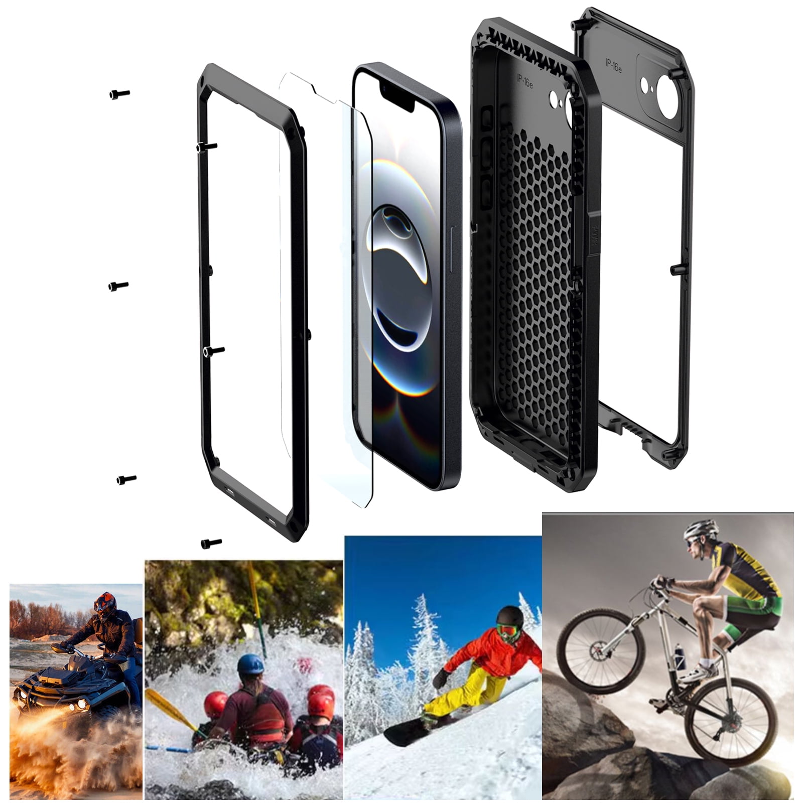 for iPhone 16e Case, 360 Full Body Protective Cover Heavy Duty Shockproof Armor Aluminum Alloy Metal Case with Silicone Built-in Screen Protector for iPhone 16e, Black