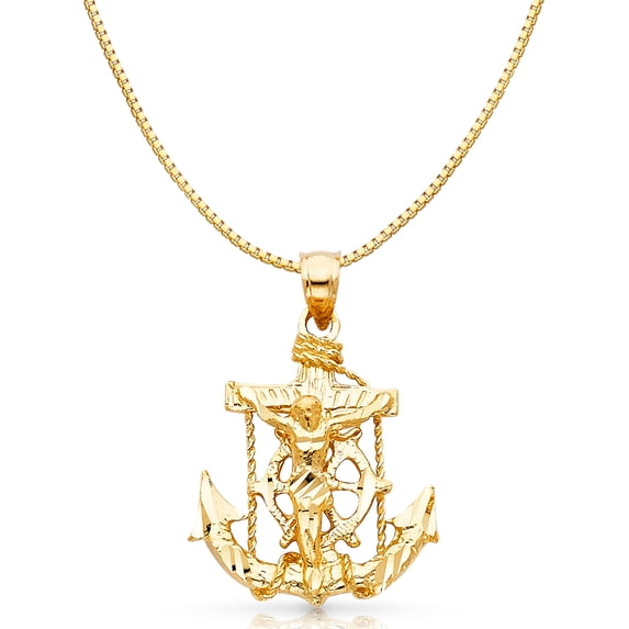 14K Yellow Gold Mariner Religious Crucifix Charm Pendant with 0.8mm Box Chain Necklace - 18"
