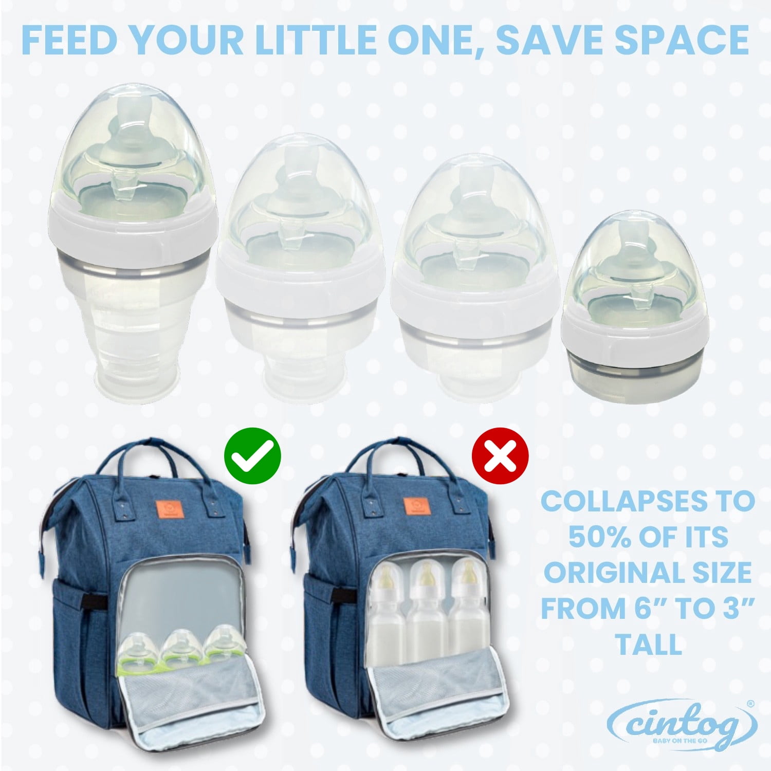 Cintog Collapsible Anti-Colic Baby Bottle/Soap Dispensing Brush Combo, Silicone, 2 Pack, 6 fl oz