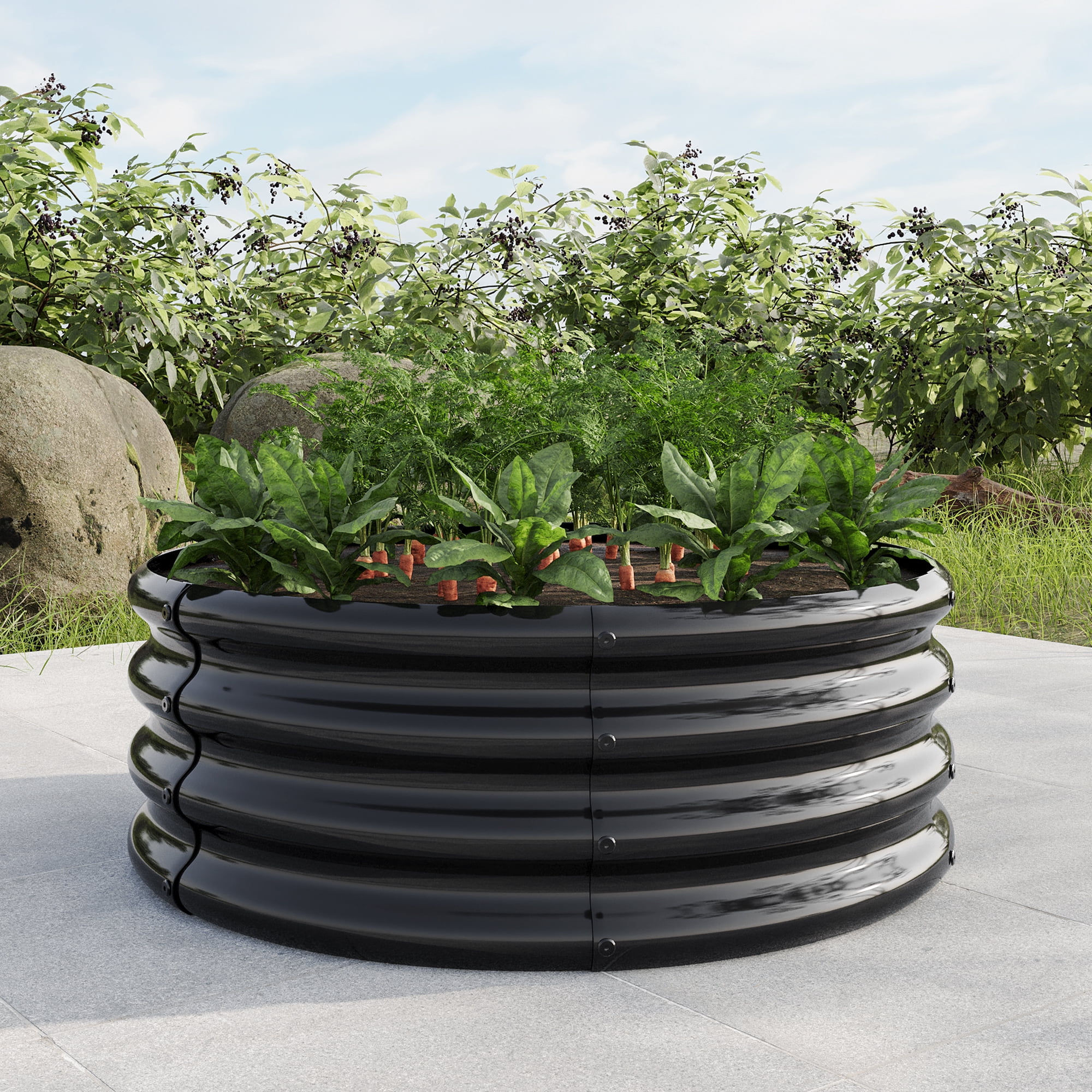 Galvanized Metal Planter Box, 32.08"x11.4" Tall Round Outdoor Raised Garden Bed, Black Backyard Patio Planter Raised Beds for Flower, Herbs, Fruits