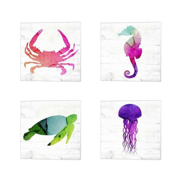Great Art Now Crab, Seahorse, Sea Turtle & Jelly Fish by Valerie Wieners 4 Piece Canvas Art Set Each 14W x 14H