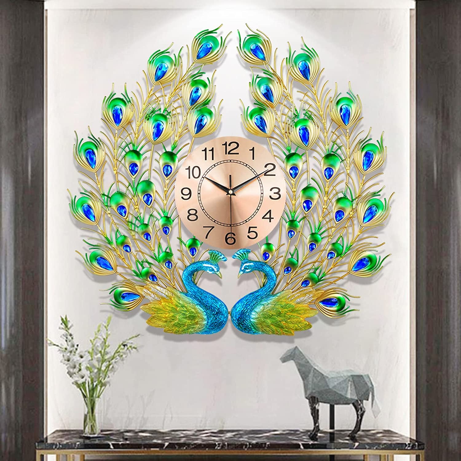 Large Peacock Wall Clock Silent NonTicking,3D Creative Luxury