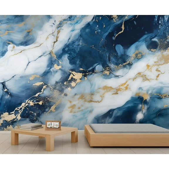 Modern Blue Rendered Marble Texture Wall Mural, Abstract Gold Foil Art Photo Large Removable Wallpaper Mural Wall Decor For Bedroom Office Living Room Kids Room 55"W x 28"H (Not Peel and Stick)