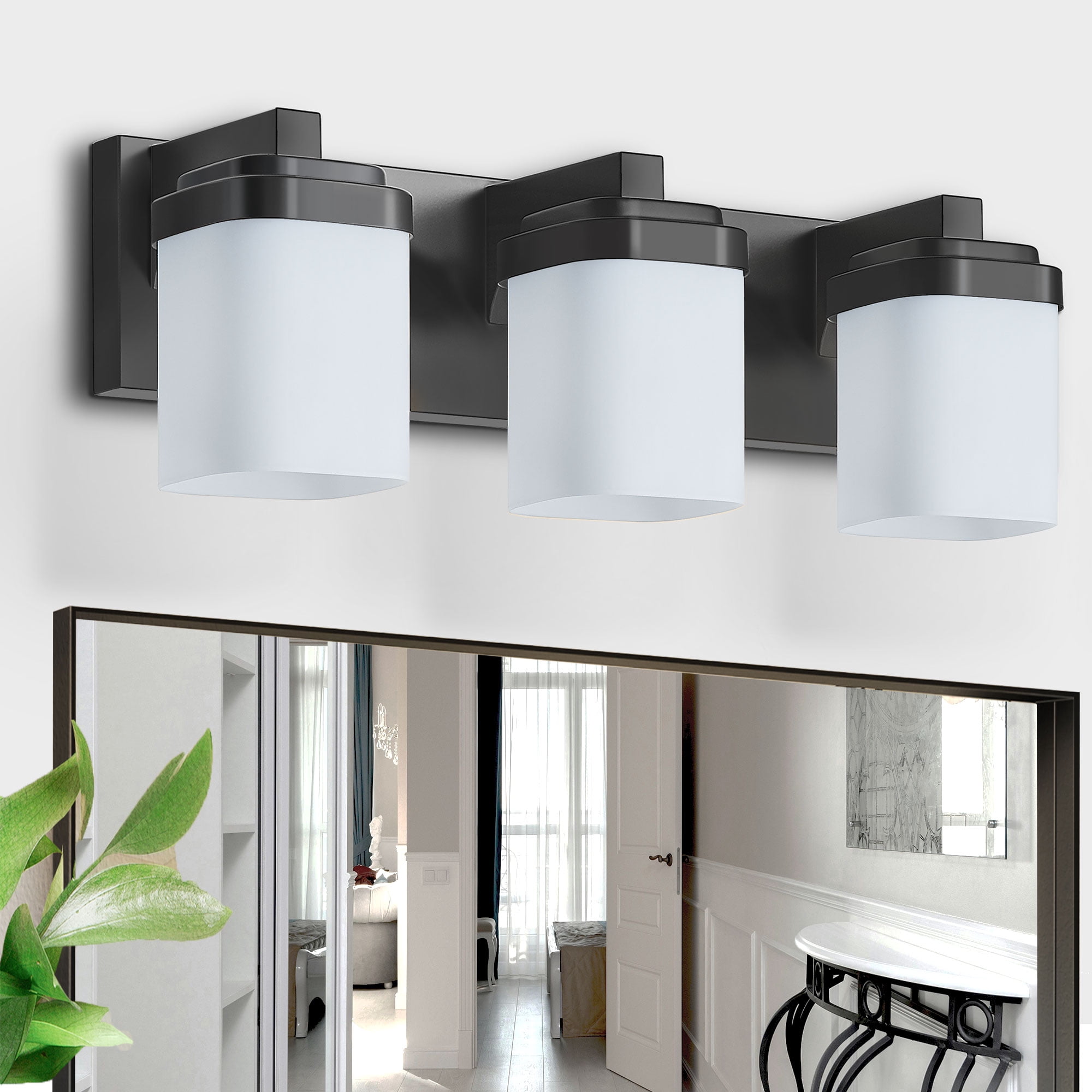 Bathroom Light Fixtures Over Mirror, 3-Light Modern Matte Black Vanity Lights with White Frosted Glass Shade, Bathroom Wall Lamp Sconces for Mirror Bedroom, Living Room Hallway Small Space