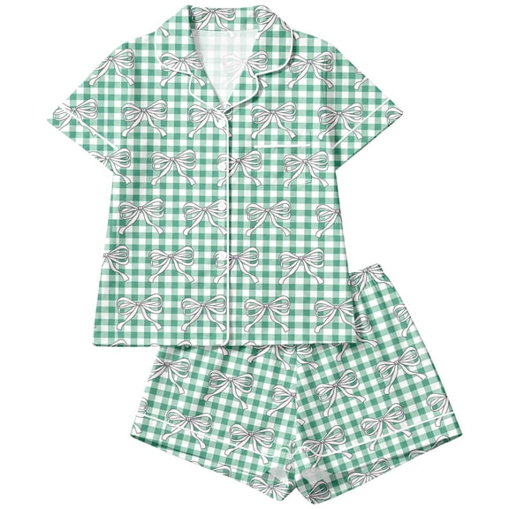RUTAYY Girls Pajama Set Bow Gingham Graphic 2 Piece Sleepwear Button Down Lapel Collar Relax Outfit Green
