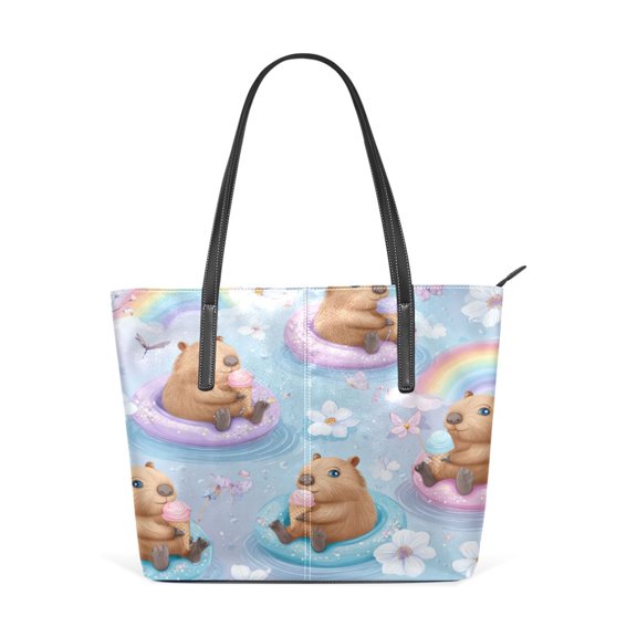 Tote Bag Aesthetic leather Handbags with Zipper for Women Travel Shoulder Bags Purses with compartment. Capybaras Eating Ice Cream