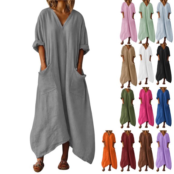 Vhkiploz Summer Maxi A-Line Linen Dress for Women's V-Neck 3/4 Sleeve T-Shirt Dress Solid Color Beachwear Tunic Dress with Pockets, S-2XL