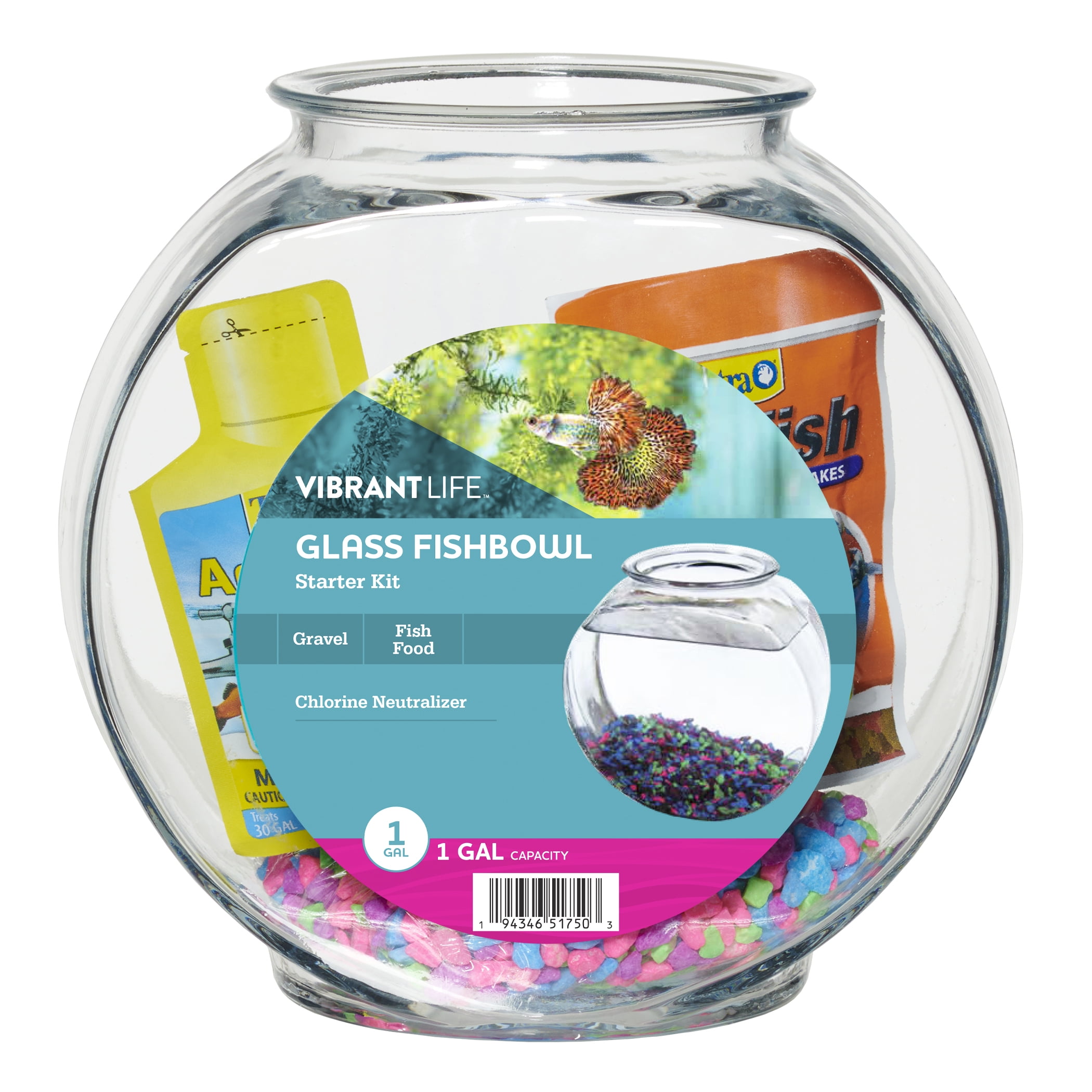 Vibrant Life 1 Gallon Glass Fish Bowl Starter Kit with Colorful