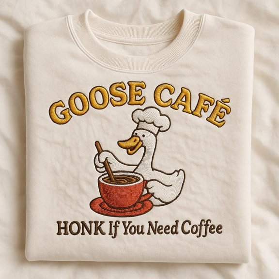 Goose Cafe Embroidered Sweatshirt, Funny Duck Coffee Lover Gift, Barista Honk If You Need Coffee, Quirky Bird Hoodie