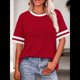 thumbnail image 4 of Camisetas de Mujer, Corte Holgado, Corta, Cuello Redondo, Bloques de Color, Moda de Verano 2025 Rojo Ladrillo L, 4 of 8