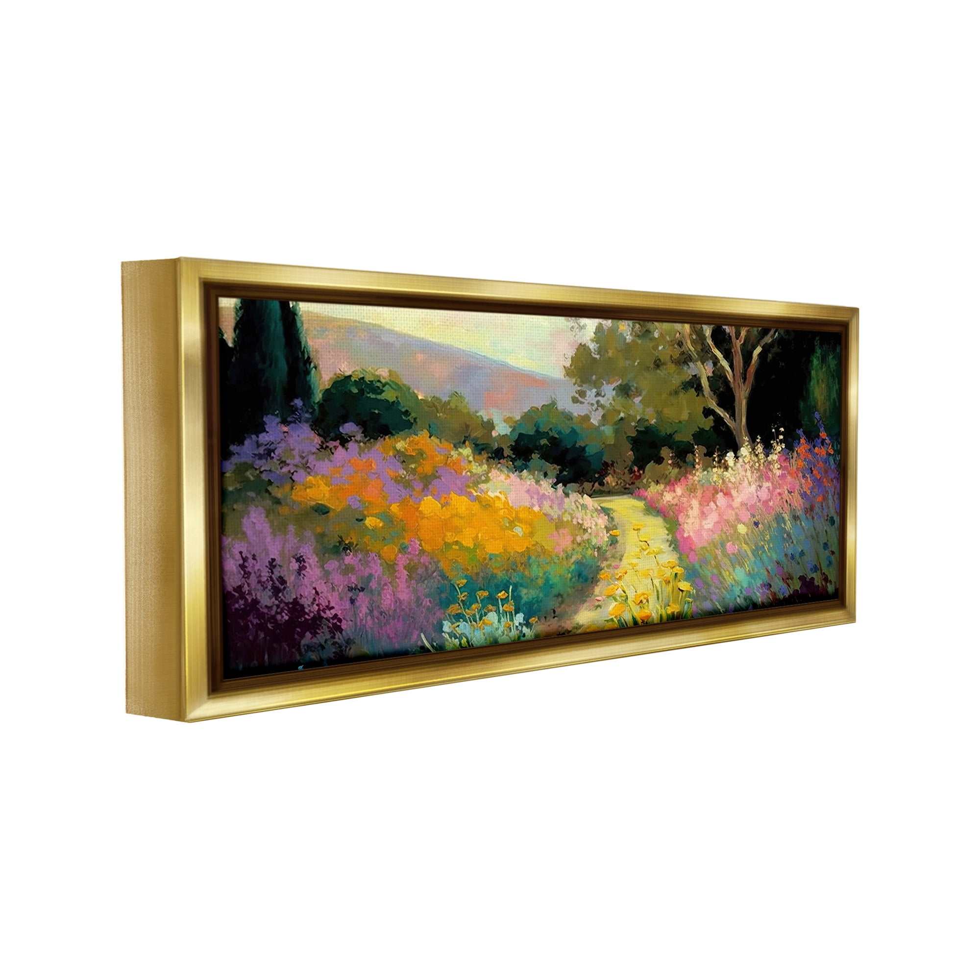 Stupell Industries Modern Meadow Path Landscape Painting Gold Floater Framed Canvas Art Print Wall Art, 31 x 14