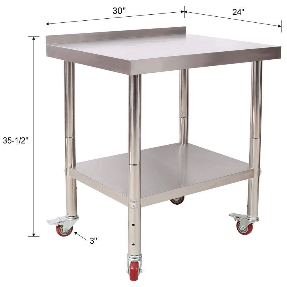 Stainless Steel Prep Table, 30 x 24 x 35-1/2 Inch, 440lbs Load Capacity Heavy Duty Metal Worktable with Backsplash Adjustable Undershelf & 4 Casters, Commercial Workstation for Kitchen Restaurant