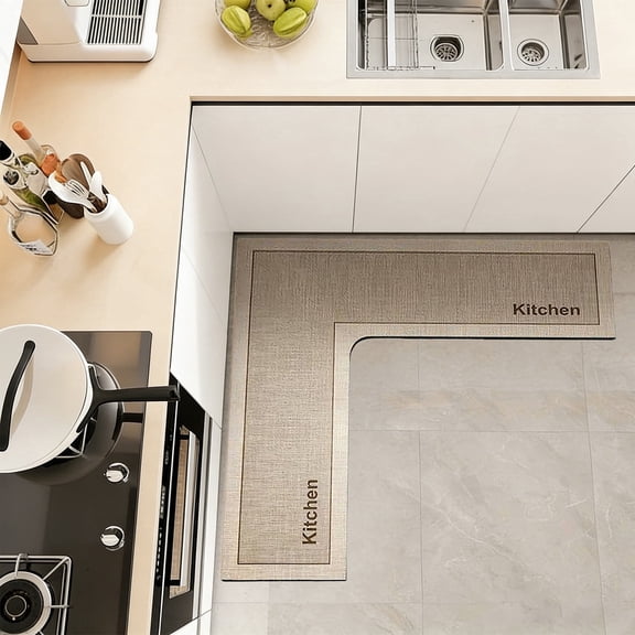 L-Shaped Kitchen Rug - Non-Slip Absorbent Floor Mat, Washable Anti-Fatigue Corner Carpet for Sink Area, Oil & Water Proof Kitchen Mat