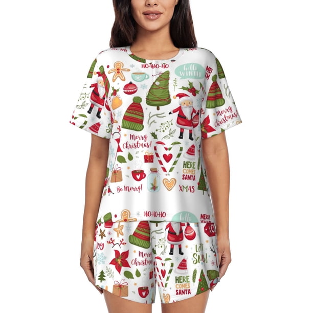 Balery Snowflakes Santa Claus Conjunto de Pijama para Mujer con Estampado, Dos Piezas de Manga Corta y Shorts, Ropa de Dormir Suave con Cuello Redondo y Bolsillos-Small