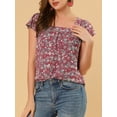 thumbnail image 5 of Unique Bargains Women's Square Neck Floral Ruffle Sleeve Chiffon Blouse Top XS Wine Red, 5 of 7