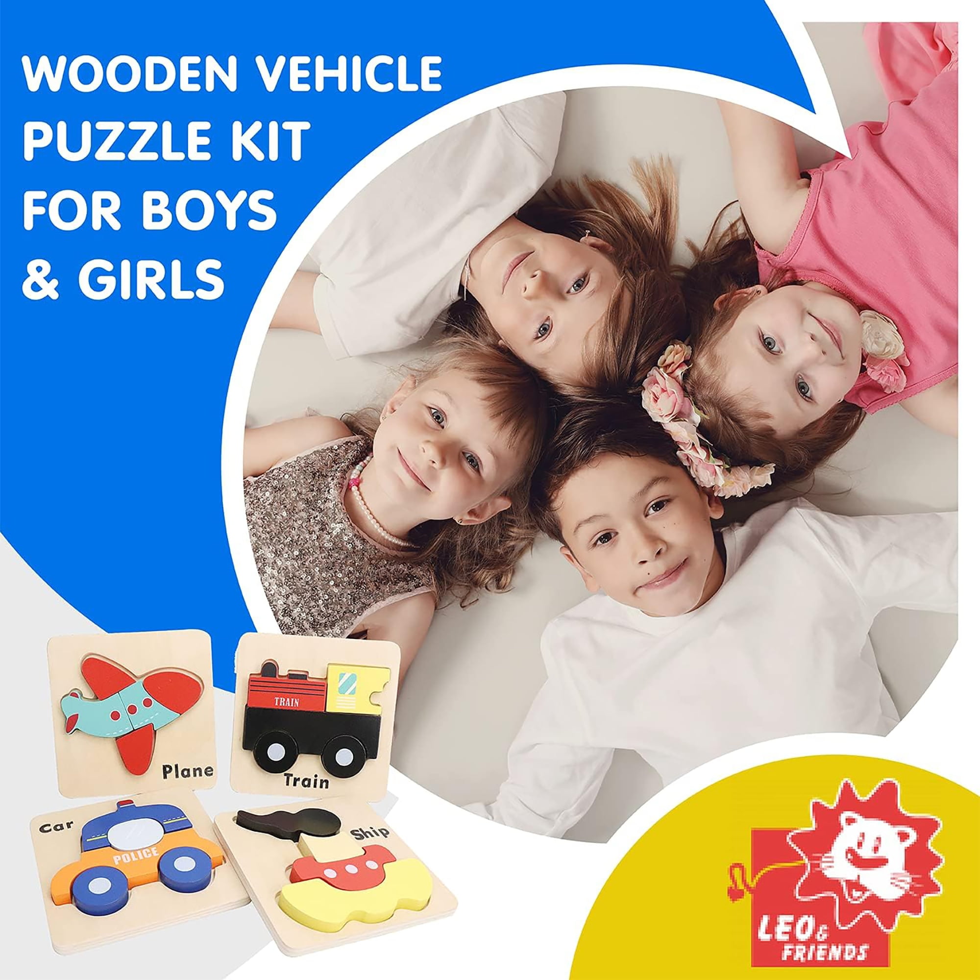LEO & FRIENDS: Mini Vehicle Puzzle Kit - 23pc Set - Chunky Wooden Pieces, 4 Unique Transportation Jigsaws: Train-Plane-Boat-Car, Kids & Toddles Age 2+