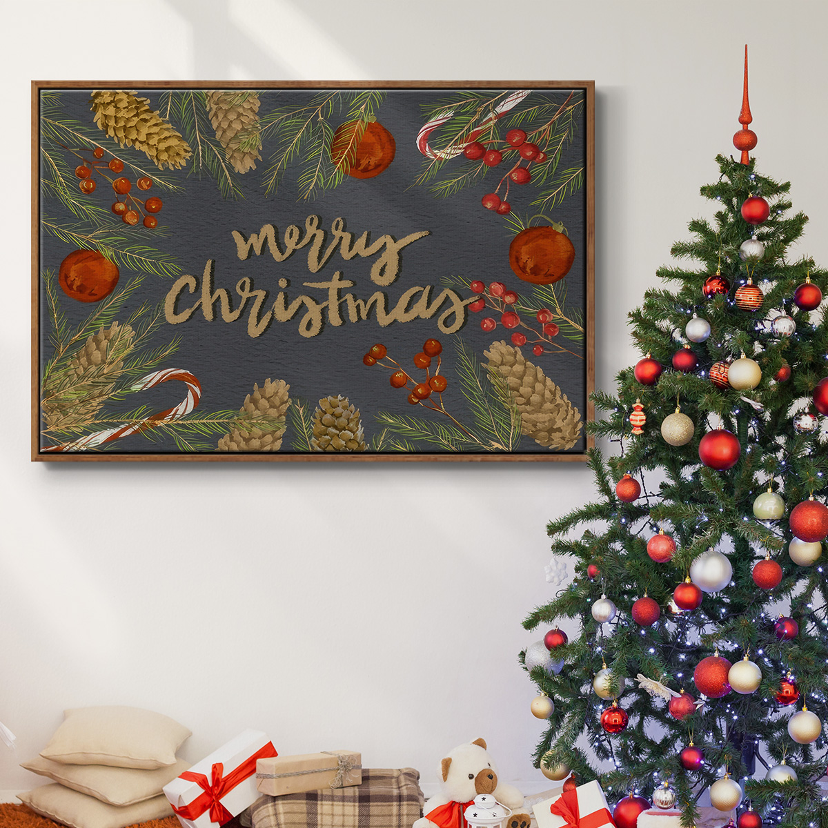 Holiday Sentiment I - Framed Gallery Wrapped Holiday Canvas - 17 x 25 - Rosewood Frame