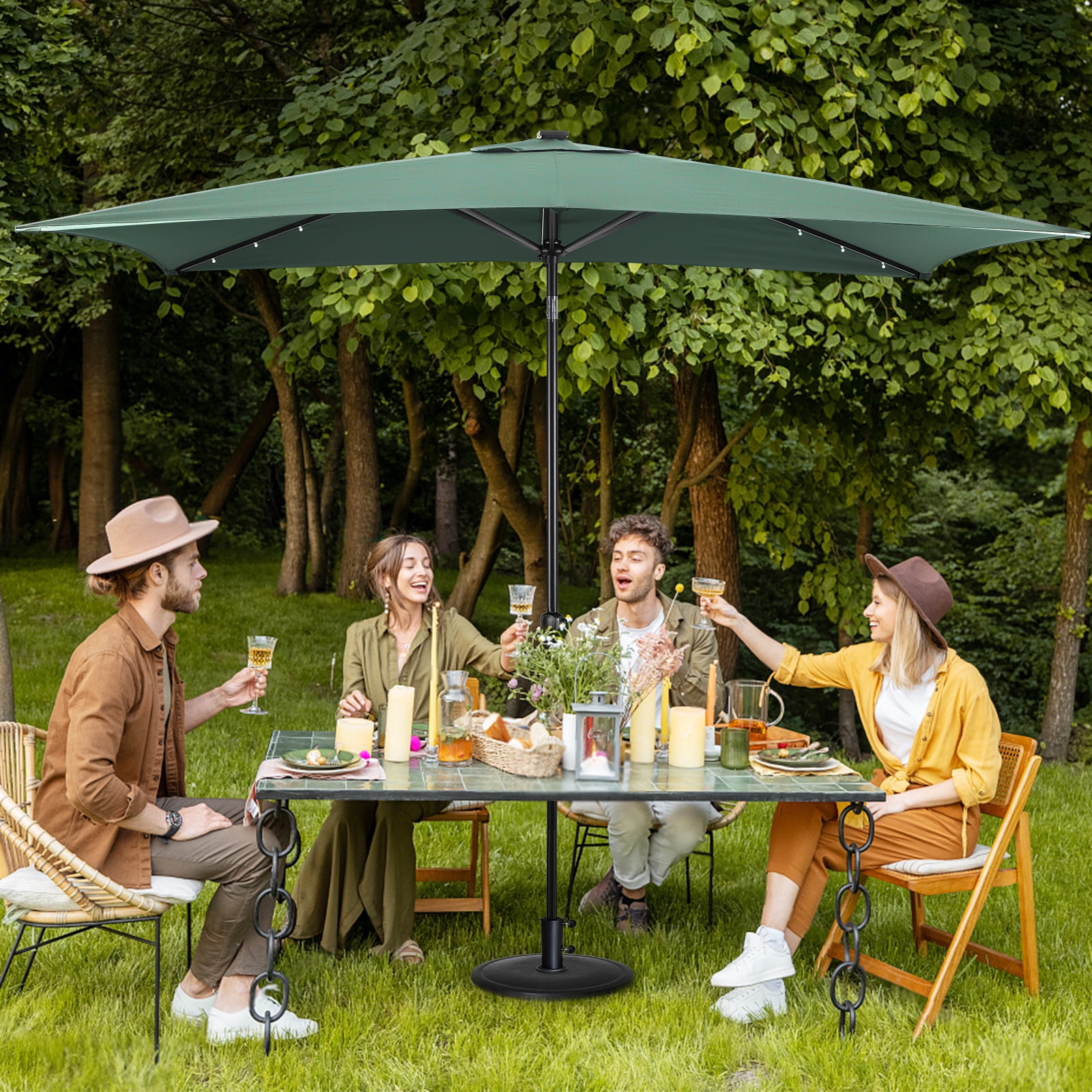 Sun-Ray 6.6x10 FT Solar LED Rectangular Patio Umbrella with Push-Button Tilt and Hand Crank Canopy Lift, Table Umbrella with Solution Dyed Navy Fabric for Porch, Deck, Garden, and Swimming Pool, Green