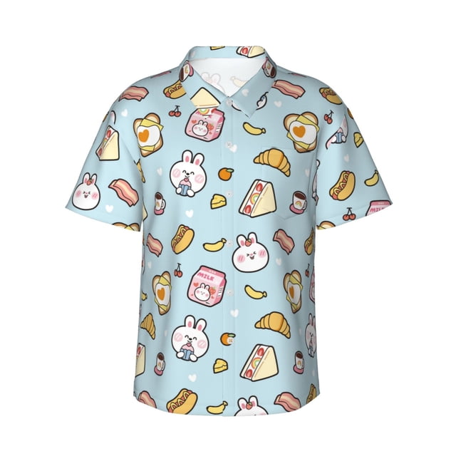 Fotbe Rabbit Burger Coffee Camisa Hawaiana para Hombre Unisex – Camisa Casual de Verano con Botones de Manga Corta de Algodón y Lino,Large