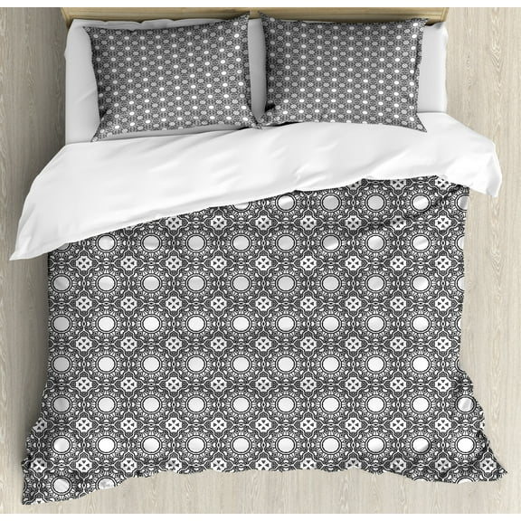 Antique Oriental Duvet Cover Set King Size, Continuous Monochrome Intricate Circular and Pattern, Decorative 3 Piece Bedding Set with 2 Pillow Shams, Charcoal Grey and White, by Ambesonne