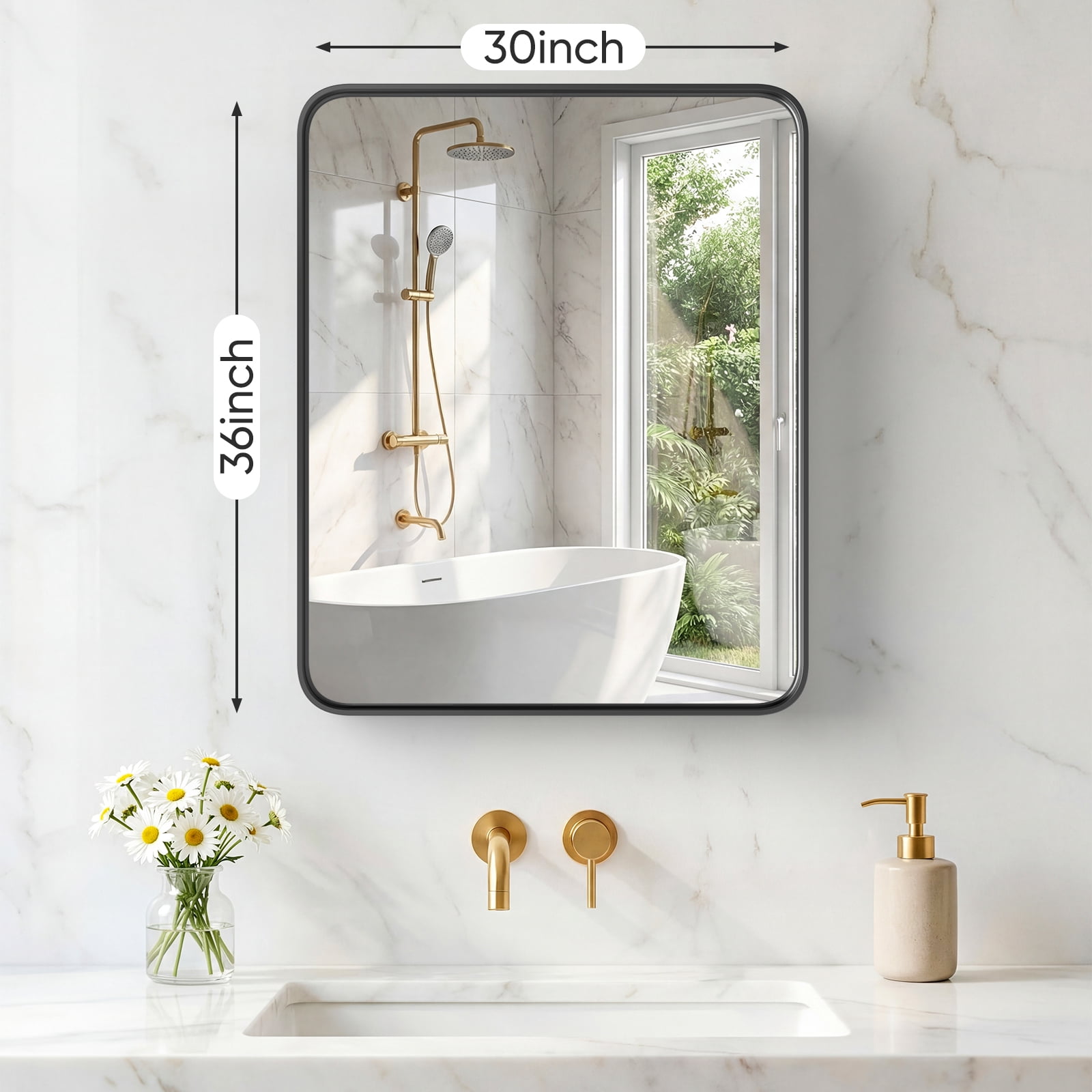 Gianna Anti-Fog Bathroom Wall Mirror – 30" x 36" Shatterproof Vanity Mirror with Rectangular Metal Frame, Black