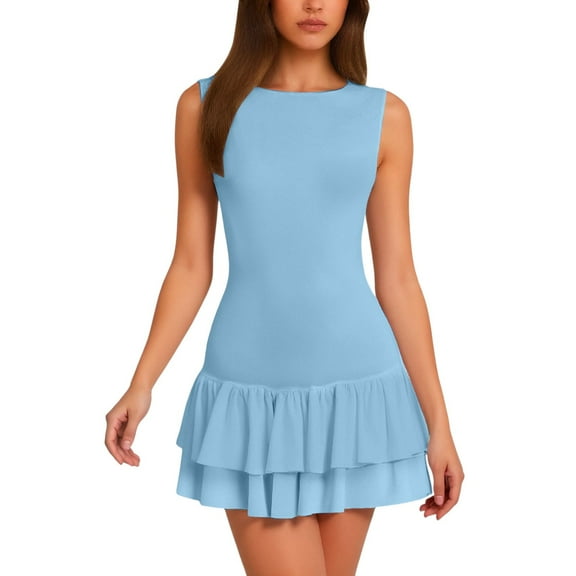 MIXUE Summer Dresses for Women Solid Color Round Neck Sleeveless Ruffle Tank Slim Fit Mini Bodycon Dress Outwear,Blue,XL