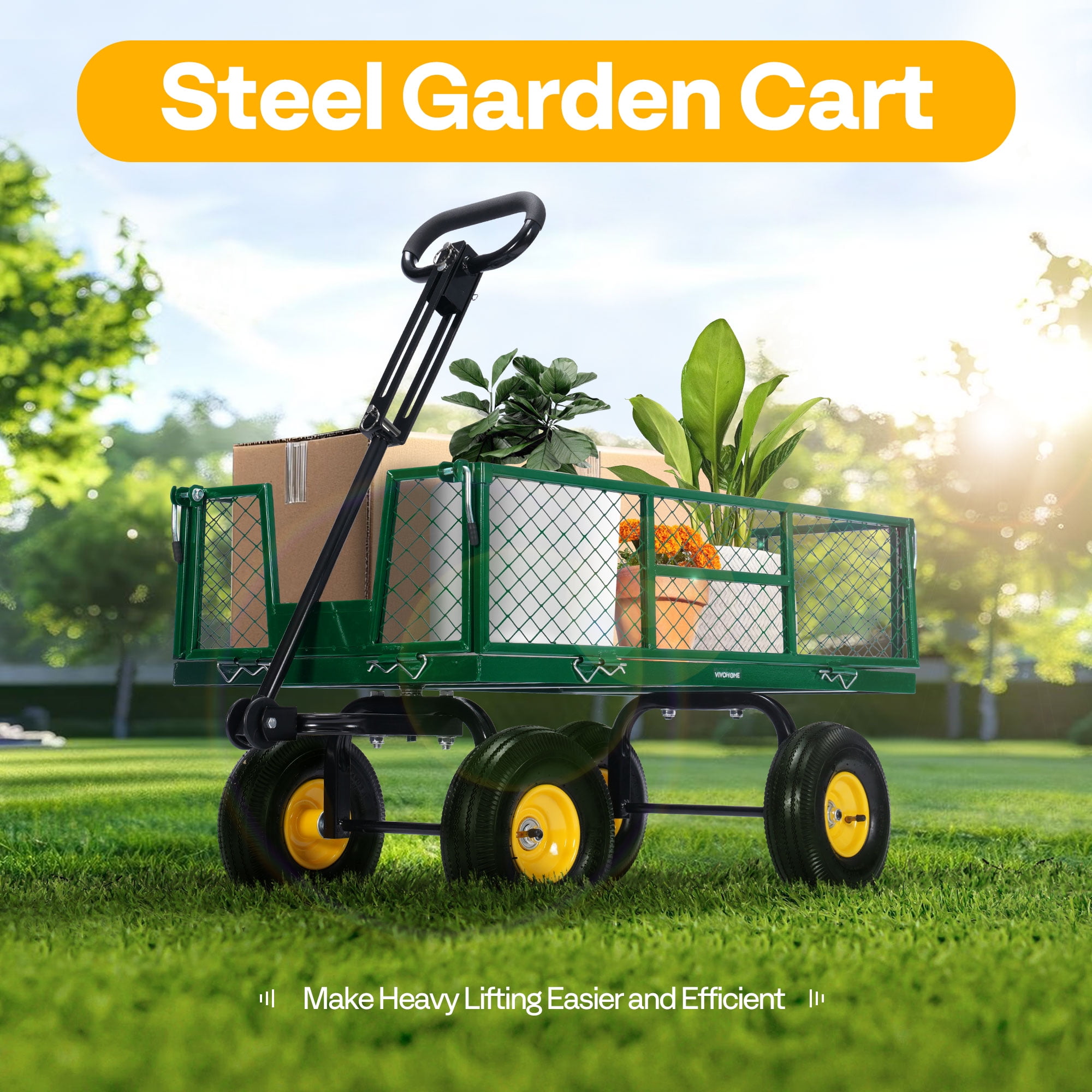 SPECSTAR Steel Wagon Cart 900lbs Capacity, with 10 inch Tire and Handle Attach to ATV or Tractor, Green