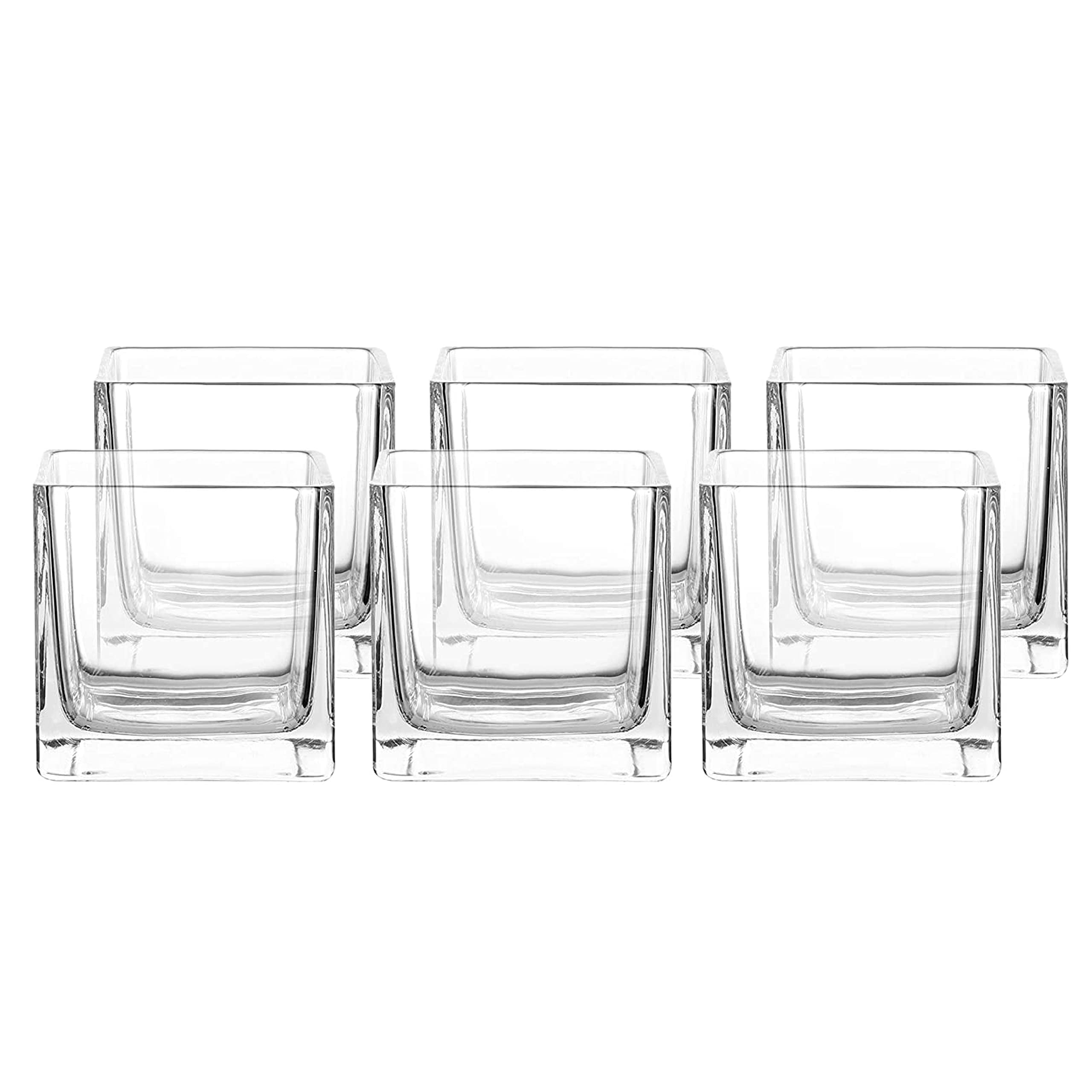 4" Square Glass Vase, Candle Holder, 6 Pack Clear Cube Centerpiece