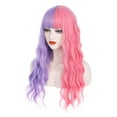 thumbnail image 3 of RightOn 27" Purple Pink Wig Long Curly Wig with Bangs Women Girls Half Purple Half Pink Wig with Rose Wig Cap, 3 of 7