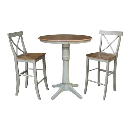 36 Round Solid Wood Distressed Hickory/Stone Bar Height Table With 2 Stools