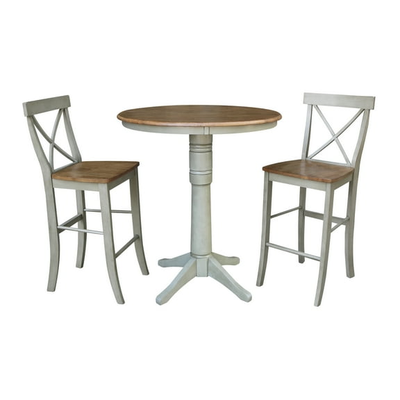 36" Round Solid Wood Distressed Hickory/Stone Bar Height Table With 2 Stools