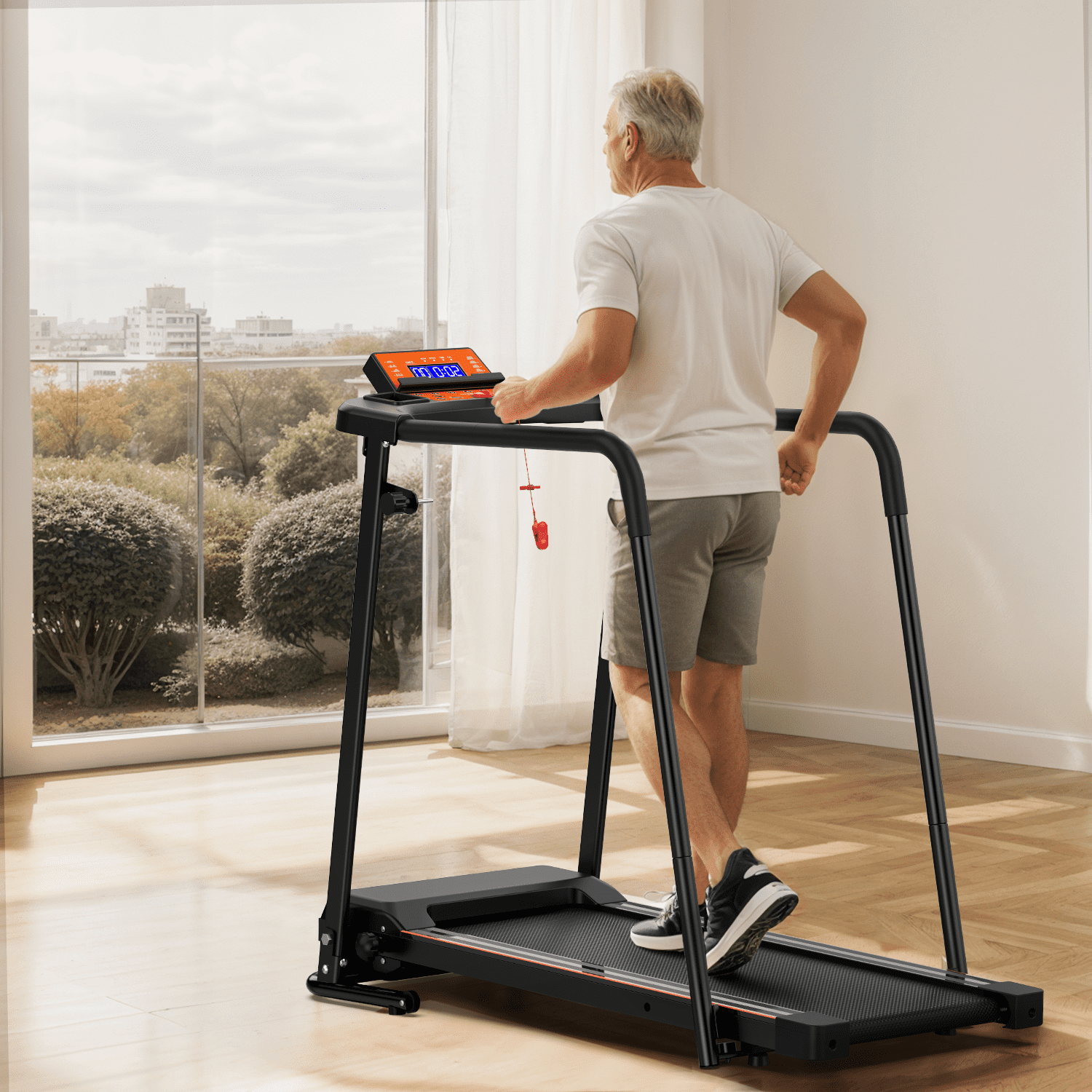 FLIMDER Foldable Treadmill for Senior, 2 in 1 Folding Exercise Treadmill with Long Handrail, 300 lbs Capacity 0.5-6 MPH