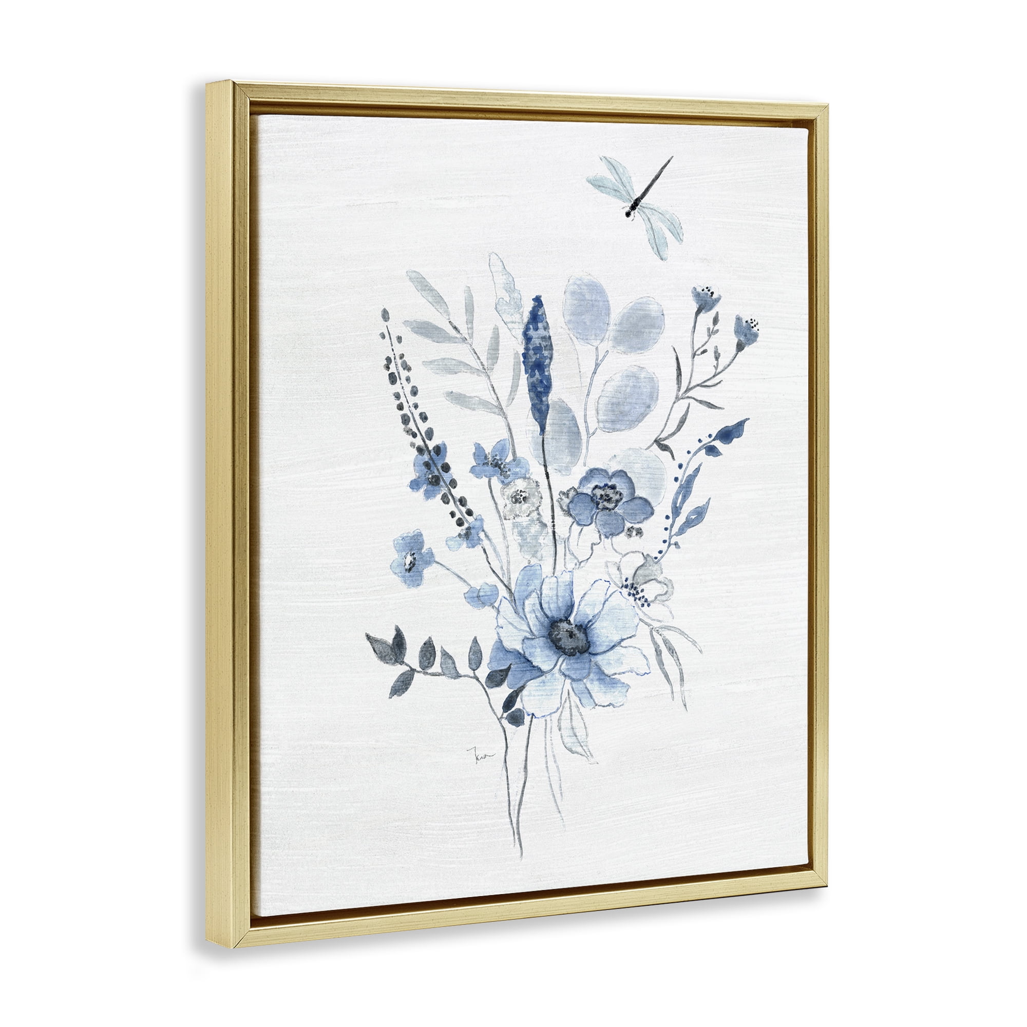 Stupell Industries Soft Blue Wildflowers Botanical & Floral Painting Gold Floater Framed Art Print Wall Art, 25 x 31