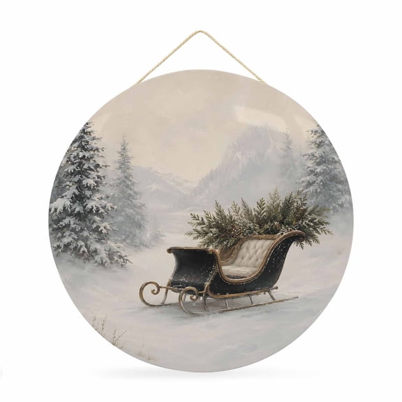 Welcome Sign for Front Door, Christmas Sleds Round Metal Wall Art Wreaths, Winter Xmas Pine Trees Snowy Landscape Outdoor Indoor Wall Hanging Sign for Porch Decor Housewarming Gifts 11.8 Inch