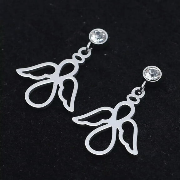 QQTDFG Stainless Steel Dangle Stud Earrings Zirconia Angel Silver 23.5mm 0.8mm Z369-default