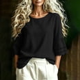 thumbnail image 2 of hoksml Women's Cotton Linen Round Neck 3/4 Bell Sleeve Blouse with Eyelet Trim, Loose Fit Casual Summer Daily Wear Top, 2 of 6