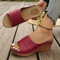 thumbnail image 4 of Women's Wedge Sandals Hollow out Leather Open Toe Orthopedic Slippers Casual Platform Slip on Slides Red Size 7.5, 4 of 8