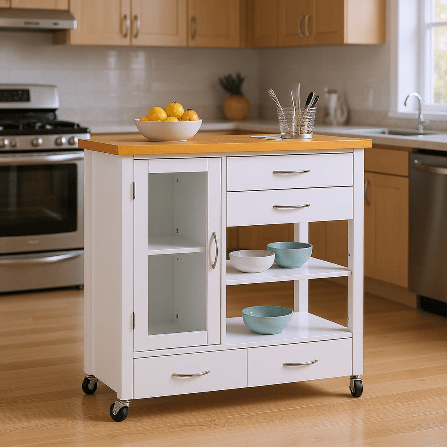 Homy Casa Kitchen Island Cart with Drawers, Shelves, and Glass Door, Rolling Storage Cabinet on Wheels