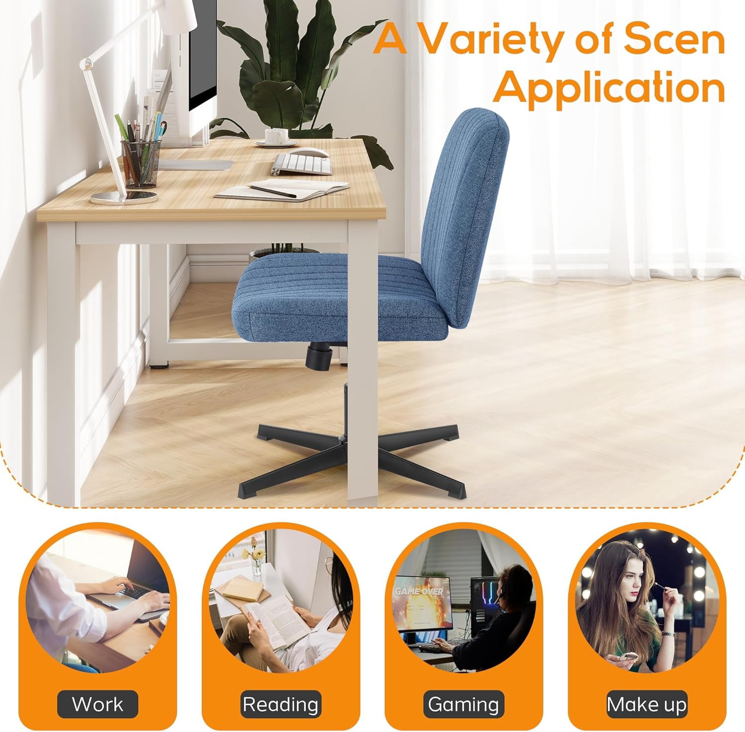 Criss Cross Chair, Cross Legged Office Chair, Wide Comfty Desk Chair, No Wheels Armless Computer Task Chair, Swivel Fabric Vanity Home Chair, Height Adjustable