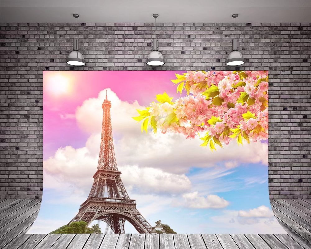 AOFOTO 9x6ft Eiffel Tower in Pink Flowers Backdrop Spring Cherry Blossoms Romantic Holiday Valentine Decoration Blurry Paris Cityscape Background for Business Love Travel Photo Studio Props