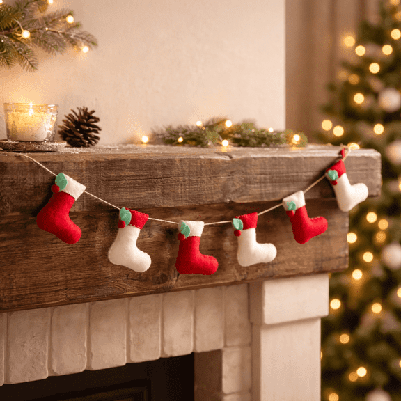 Natriel Christmas Felt Stocking Garland, Red and White Holiday Banner, Handmade Decorative String, 32.6 Inch Length, Mini Stockings with Mint Green Accents