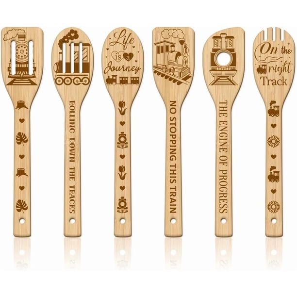 Juego de 6 utensilios de cocina de bambú con forma de tren, cucharas de cocina de madera grabadas con patrón de flores, espátula de bambú para cocina, cuchara de cocina de madera