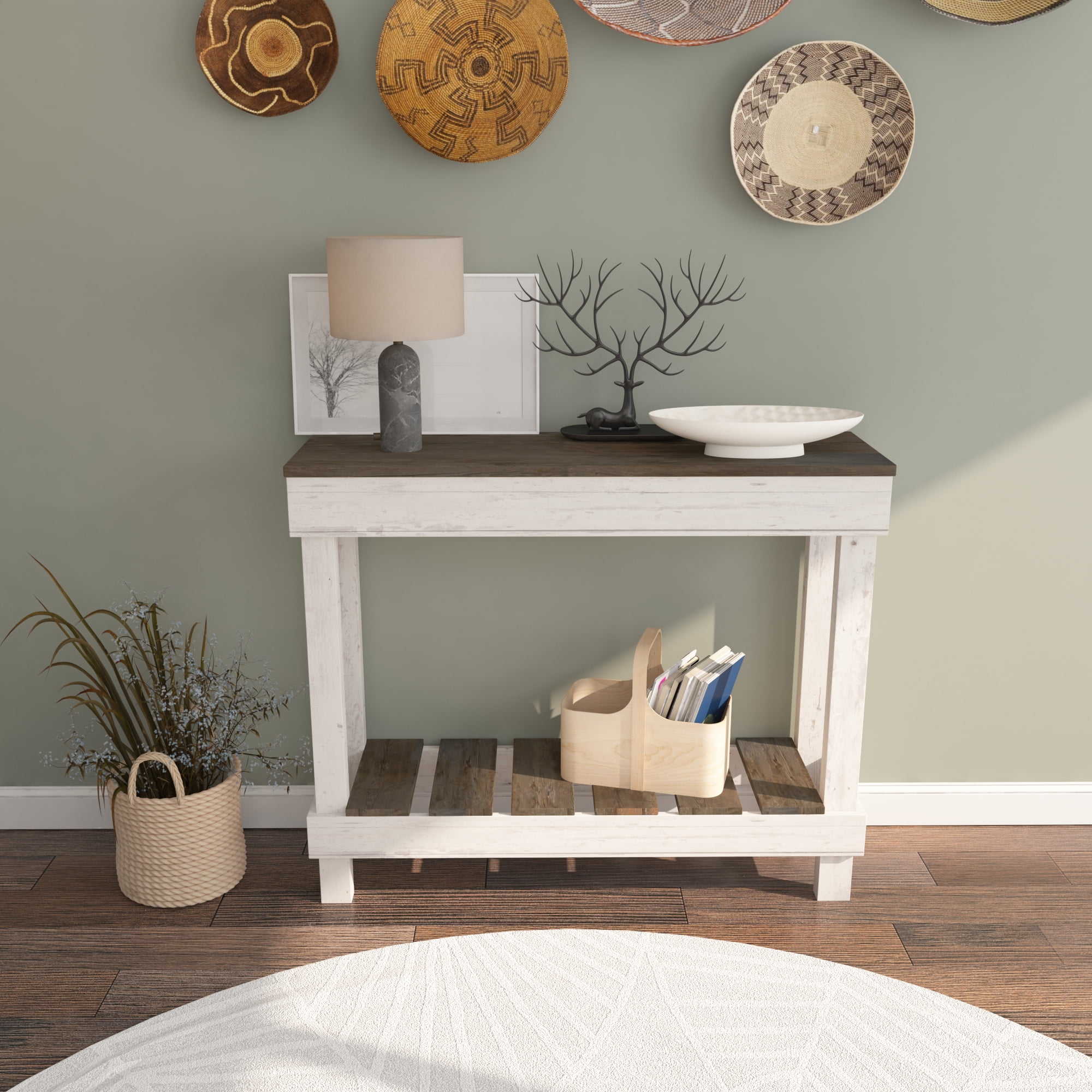 Woven Paths Farmhouse Rustic Wood Small Entryway or Living Room Sofa Table, Dark Brown/White