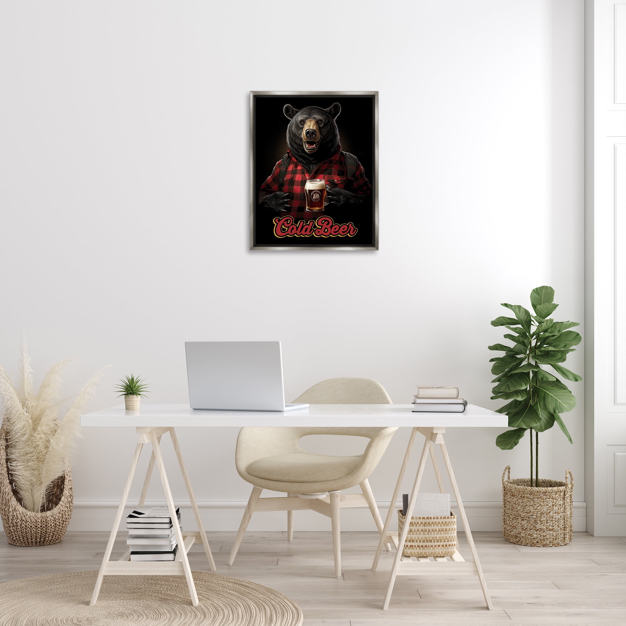 Stupell Industries Bear with Cold Beer Animals & Insects Painting Gray Floater Framed Canvas Art Print Wall Art, 25 x 31