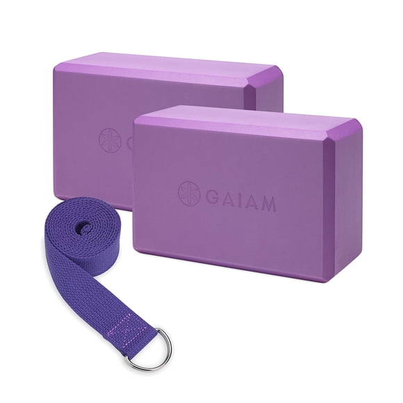 Combinación de bloques y correas para yoga Gaiam Essentials, color morado oscuro, paquete de 2