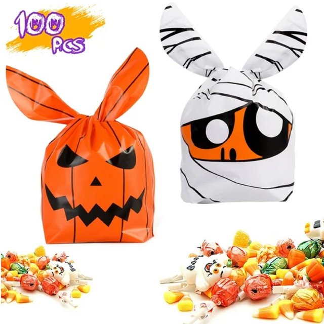 HmNPlay Sealed Bags,Plastic Bag For Food 100 Pcs Halloween Candy Bags And Pumpkin Pattern Candy Bags Trick Or Bags Rabbit Ears Goodie Bags Halloween Plastic Gift Bags For Halloween Party